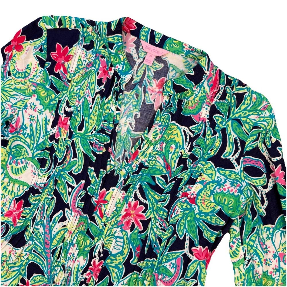 Lilly Pulitzer Sarasota Tunic Top Women's XS Green Black Trunk Show Pintuck